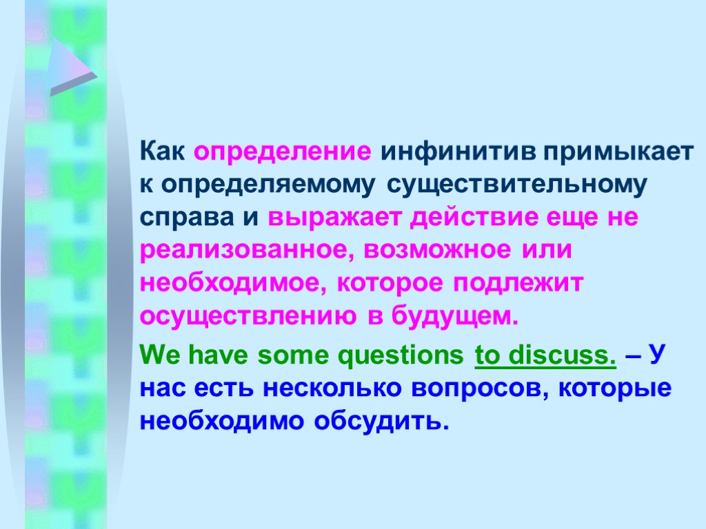 Как определение инфинитив примыкает к определяемому существительному справа и выражает действие еще не реализованное,